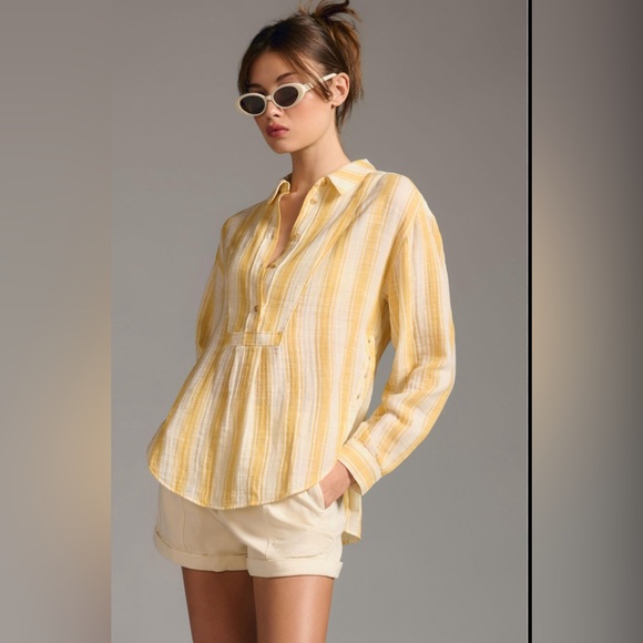 ANTHROPOLOGIE By Anthropologie Side-Button Yellow White Tunic Top Women Size M - Picture 1 of 8